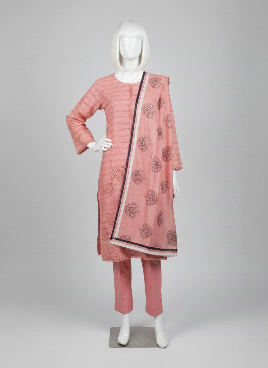 PEACH MOTTE COTTON EMBROIDERED 3PC STICHED