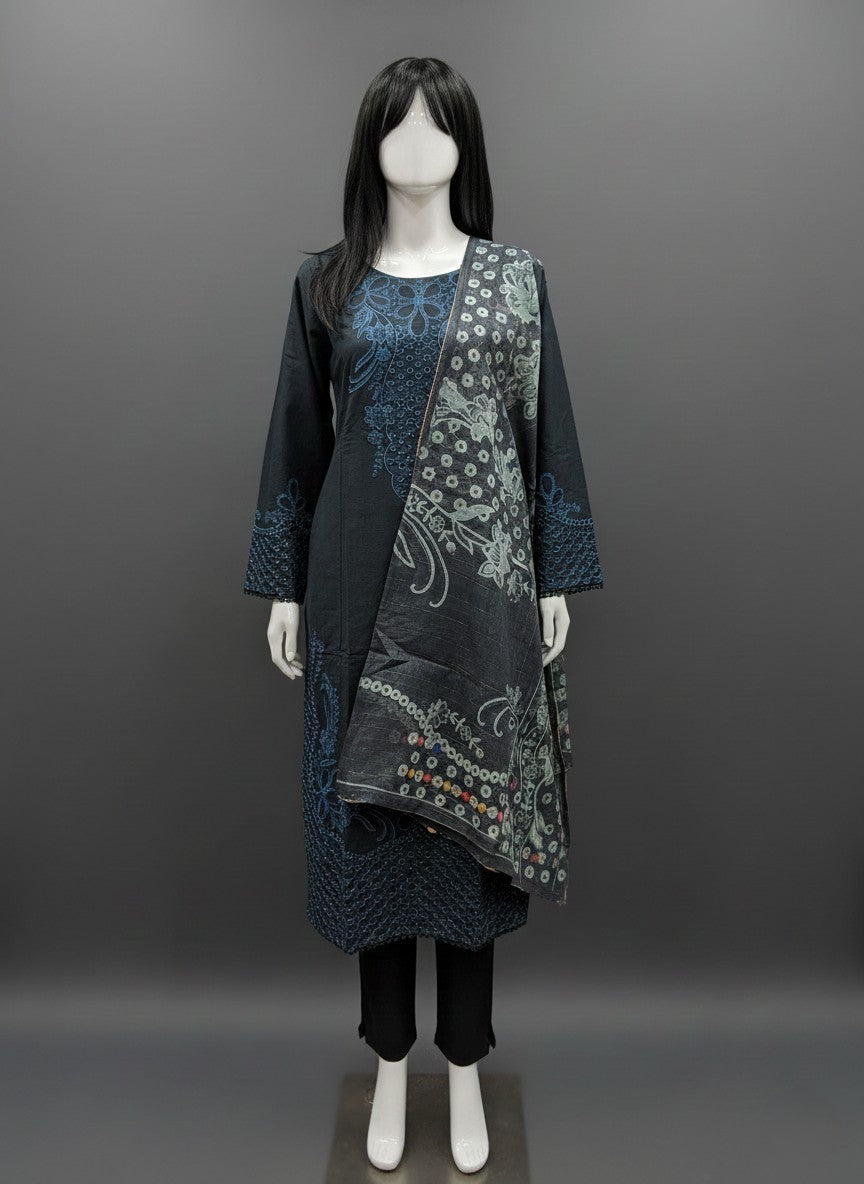BLACK MOTTI COTTON EMBROIDED 3PC STICHED