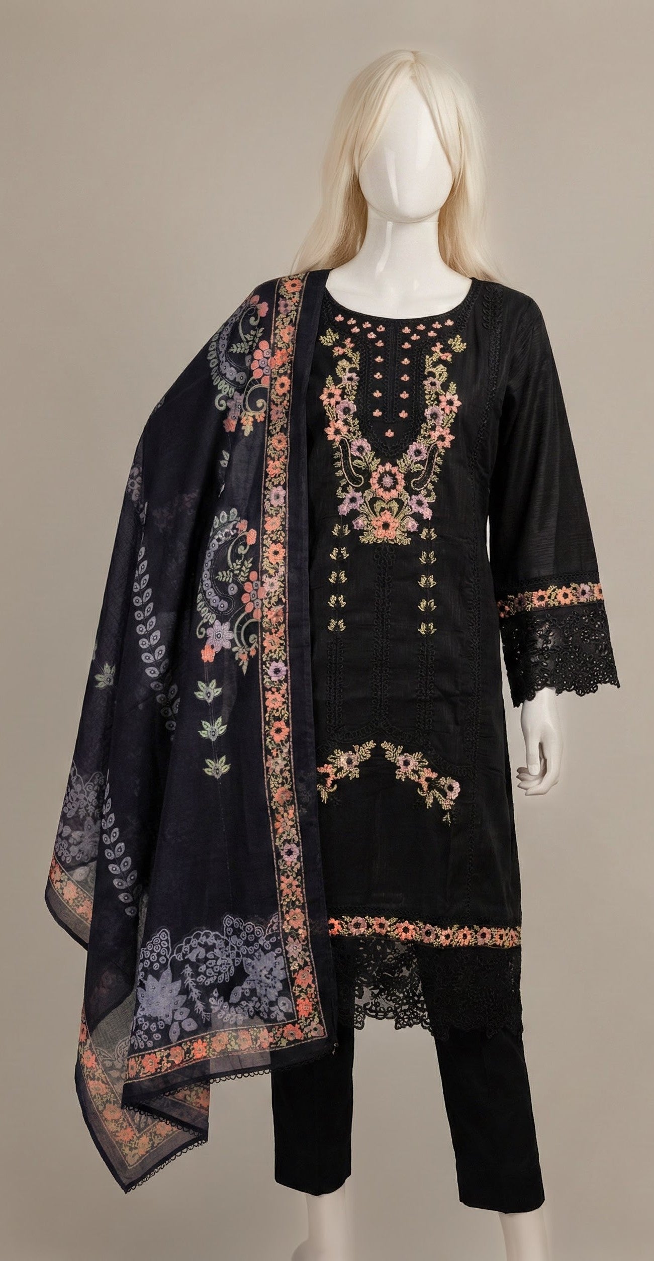 LONG SHIRT BLACK COTTON EMBROIDERED 3 PC STITCHED