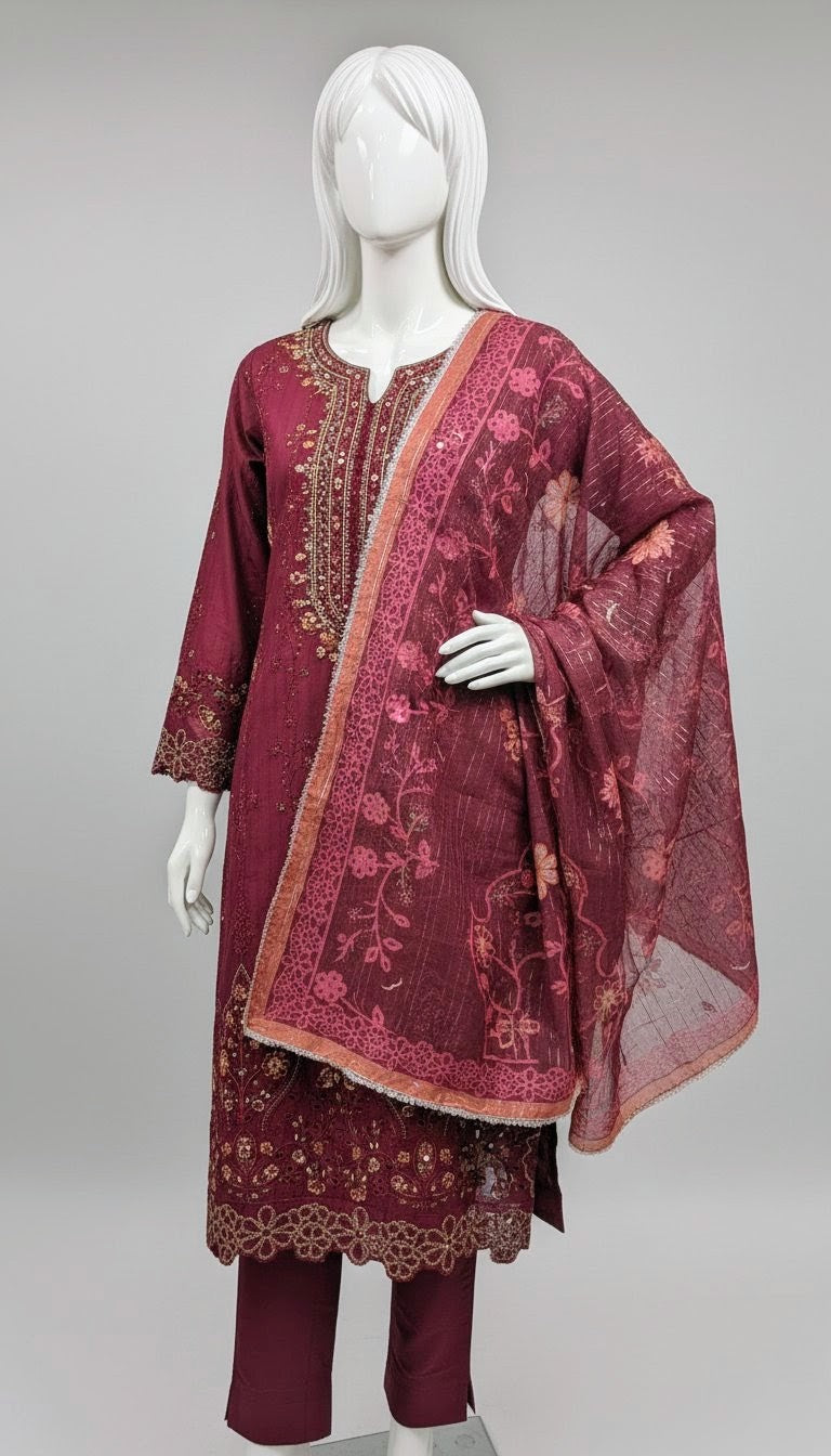 LONG SHIRT COTTON EMBROIDERED 3PC STITCHED