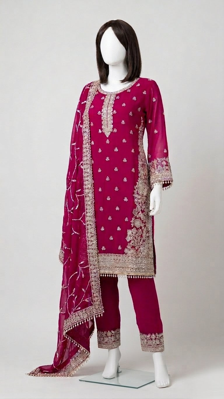 CHIFFON HEAVY  EMBRIOERED 3PC STITCHED