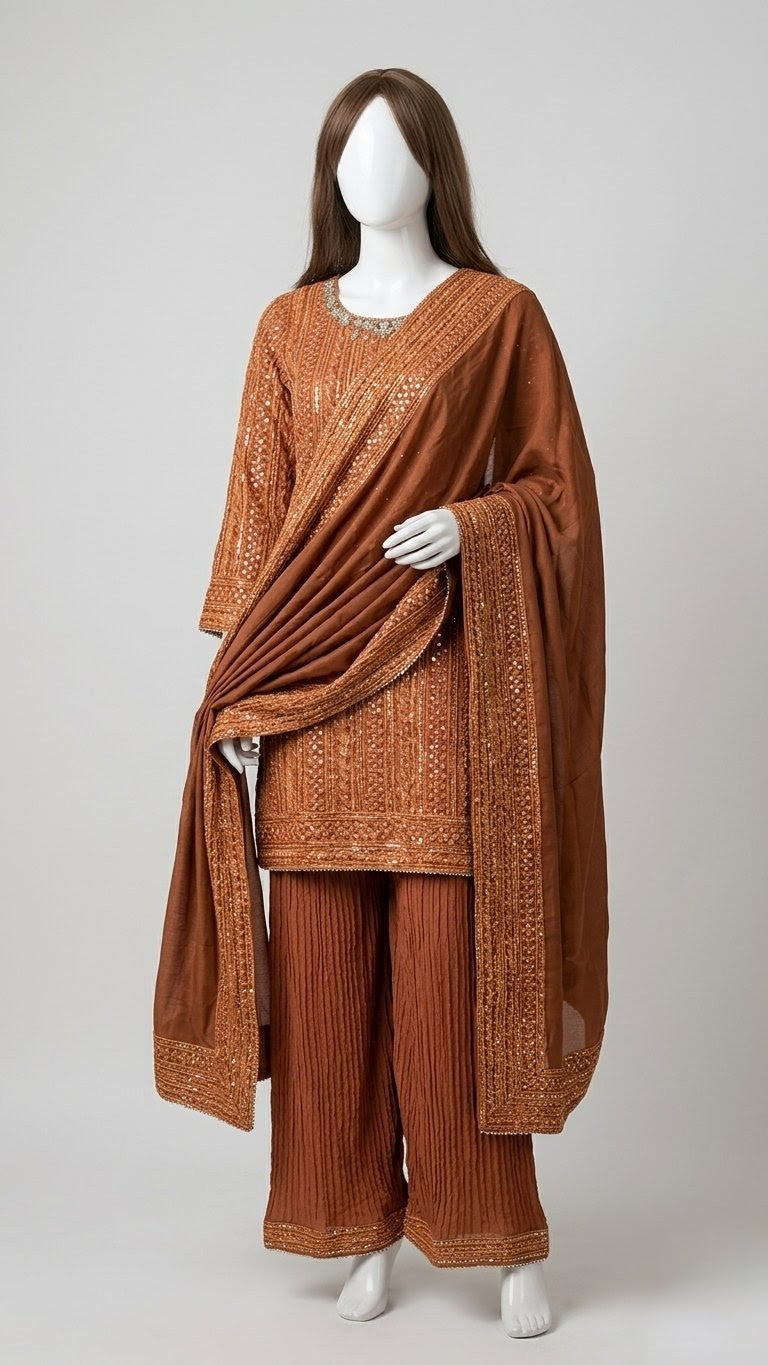 RUST CHIFFON HEAVY EMBROIDERED 3PC STITCHED