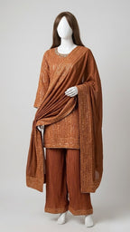 RUST CHIFFON HEAVY EMBROIDERED 3PC STITCHED