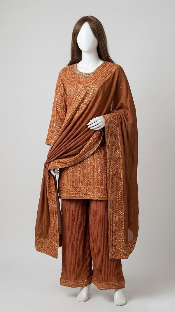 RUST CHIFFON HEAVY EMBROIDERED 3PC STITCHED