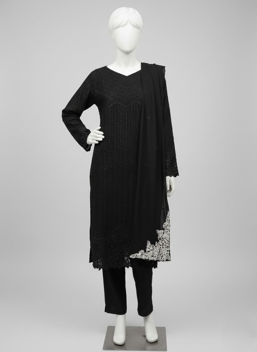 BLACK SHAFFON EMBROIDERED 3 PC STITCHED