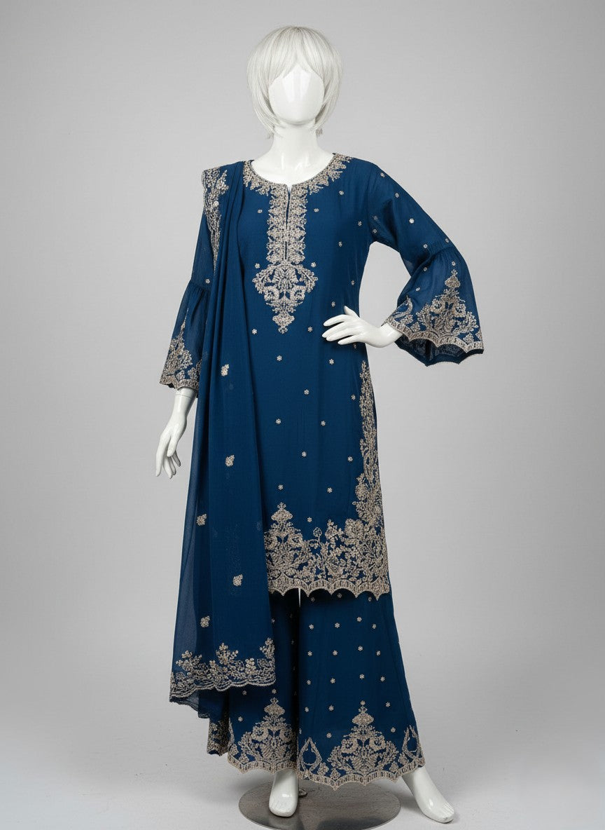 SHAFFON EMBROIDERED & PASTE WORK 3 PC STITCHED