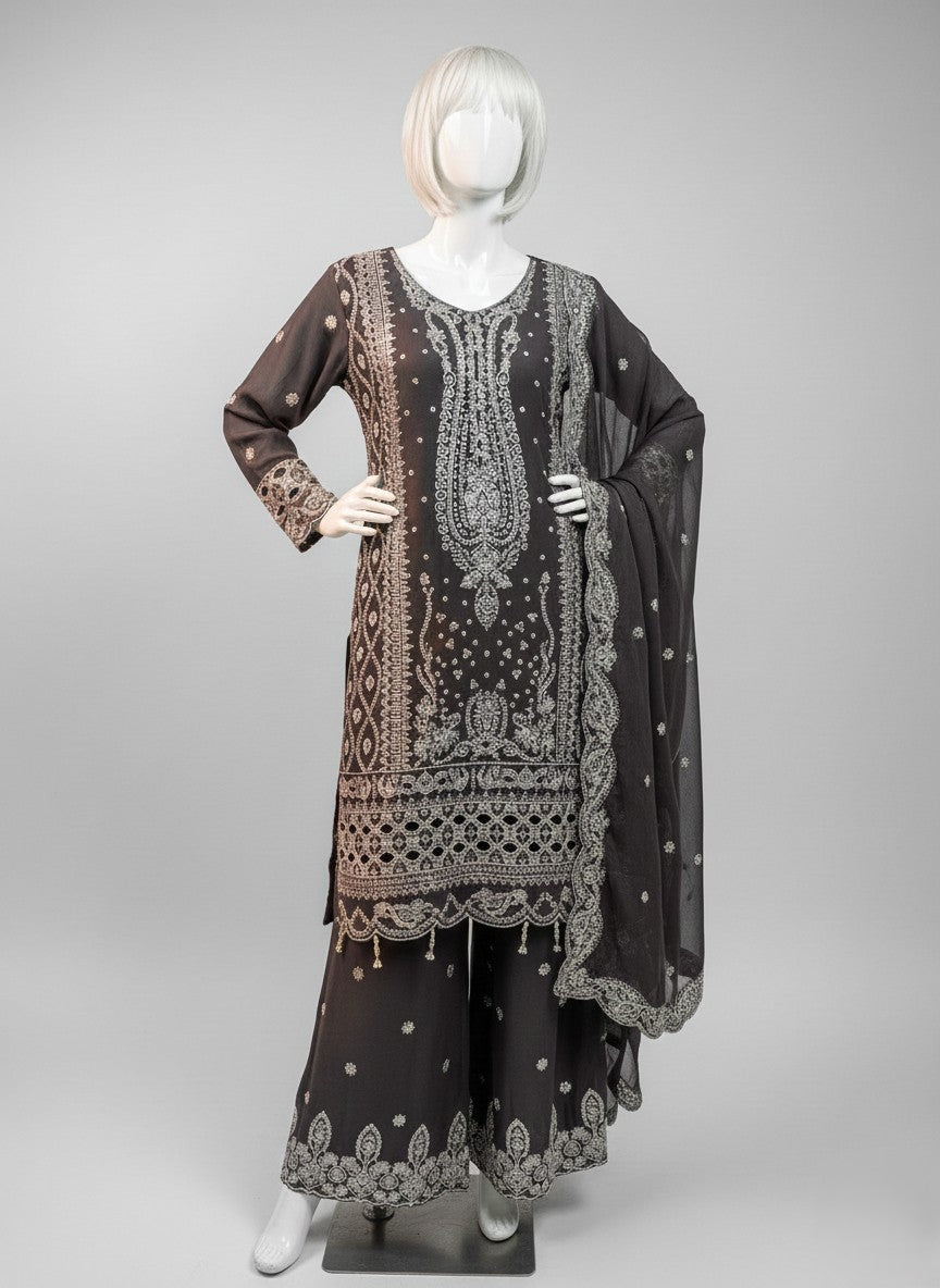 SHAFFON EMBROIDERED & PASTE WORK 3 PC STITCHED