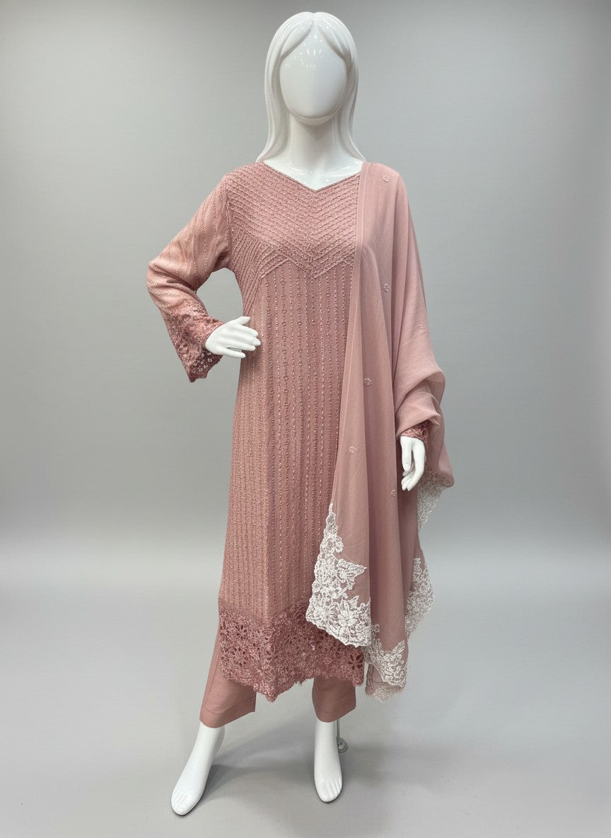 PEACH SHAFFON EMBROIDERED 3 PC STITCHED