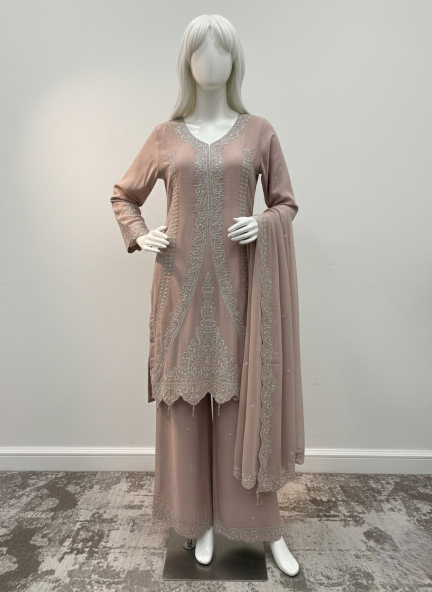 SHAFFON EMBROIDERED & PASTE WORK 3 PC STITCHED