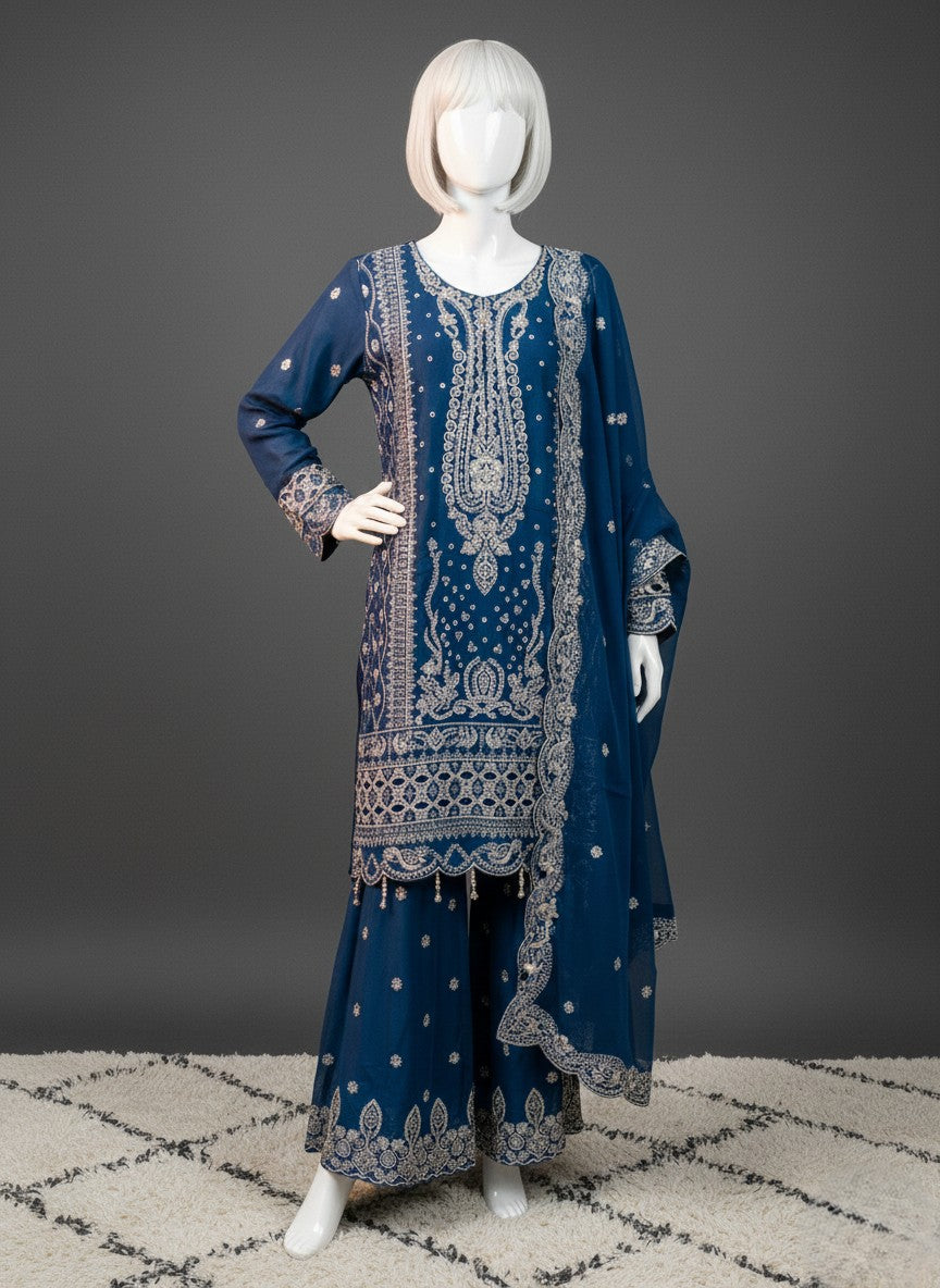 SHAFFON EMBROIDERED & PASTE WORK 3 PC STITCHED