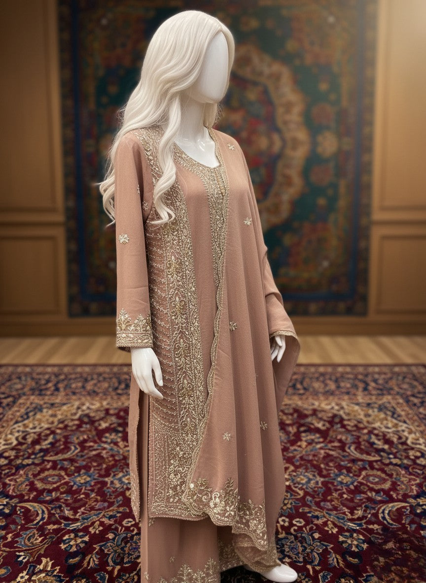 SHAFFON EMBROIDERED & PASTE WORK 3 PC STITCHED