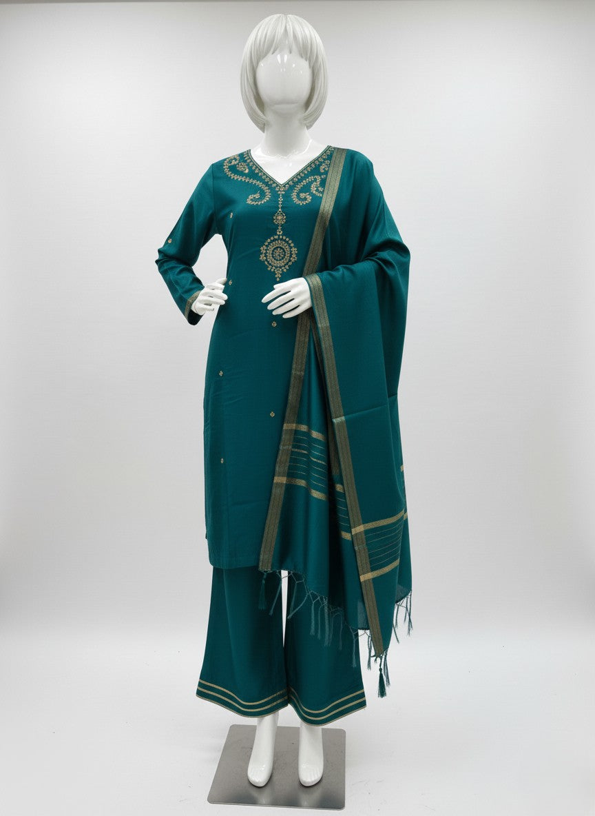 RAW SILK HAND WORK EMBROIDERED 3 PC STITCHED